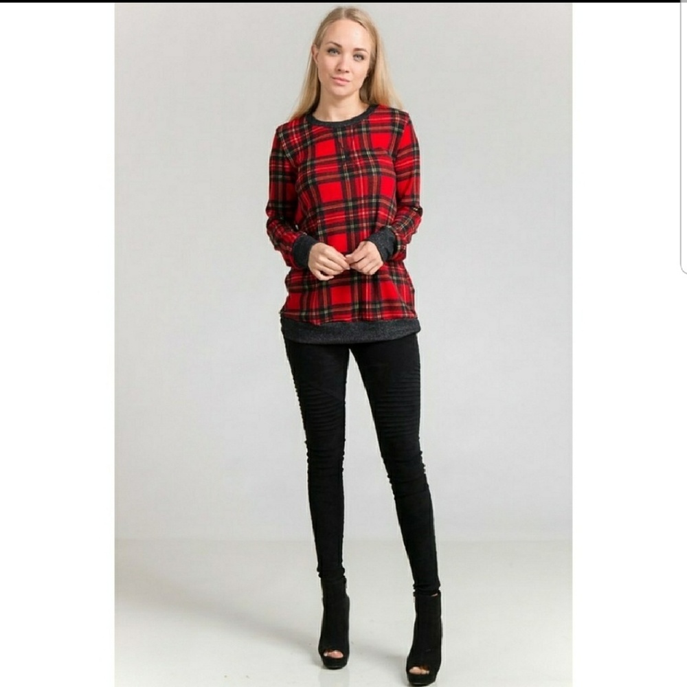 Red Plaid Crew Neck Sweatshirt - Picture 3 of 4